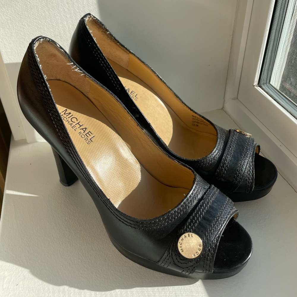 Michael Kors Black Peep Toe Heels with Gold Accents